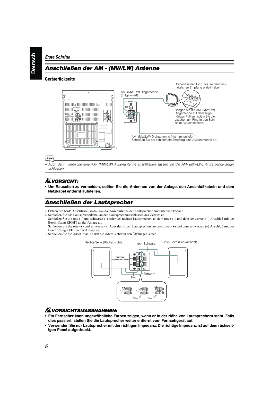 JVC CA-MXK10R manual Anschließen der AM MW/LW Antenne, Anschließen der Lautsprecher, Geräterückseite 