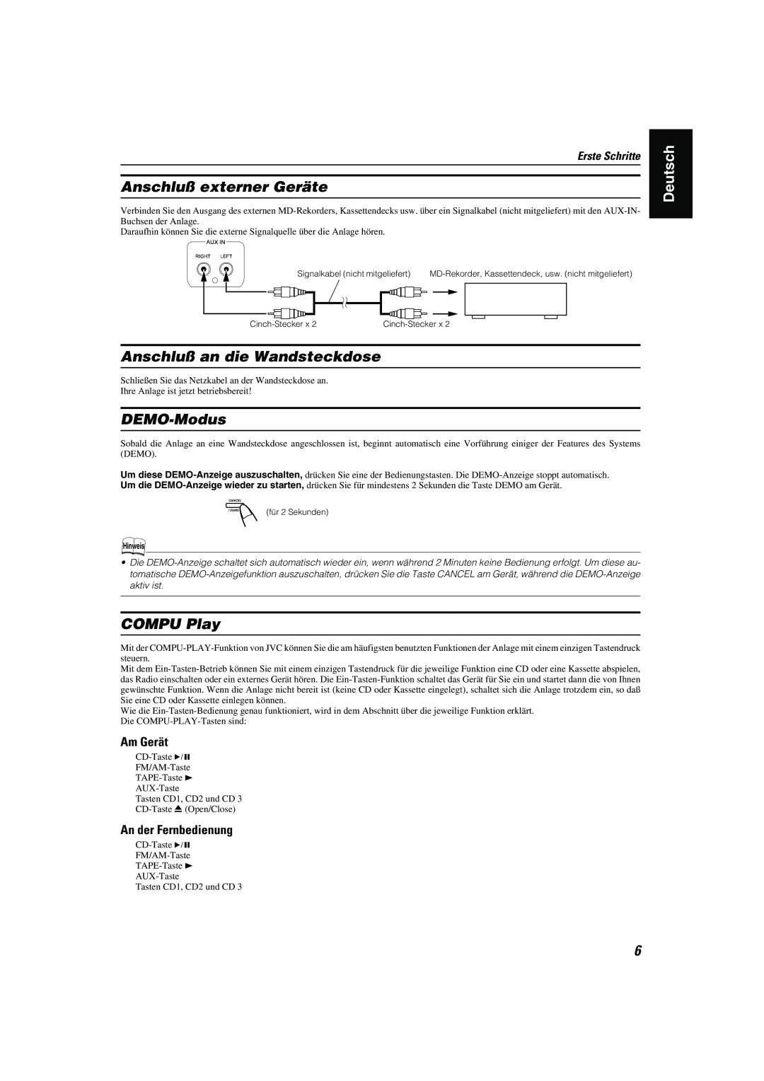 JVC CA-MXK10R manual Anschluß externer Geräte, Anschluß an die Wandsteckdose, DEMO-Modus, Compu Play 
