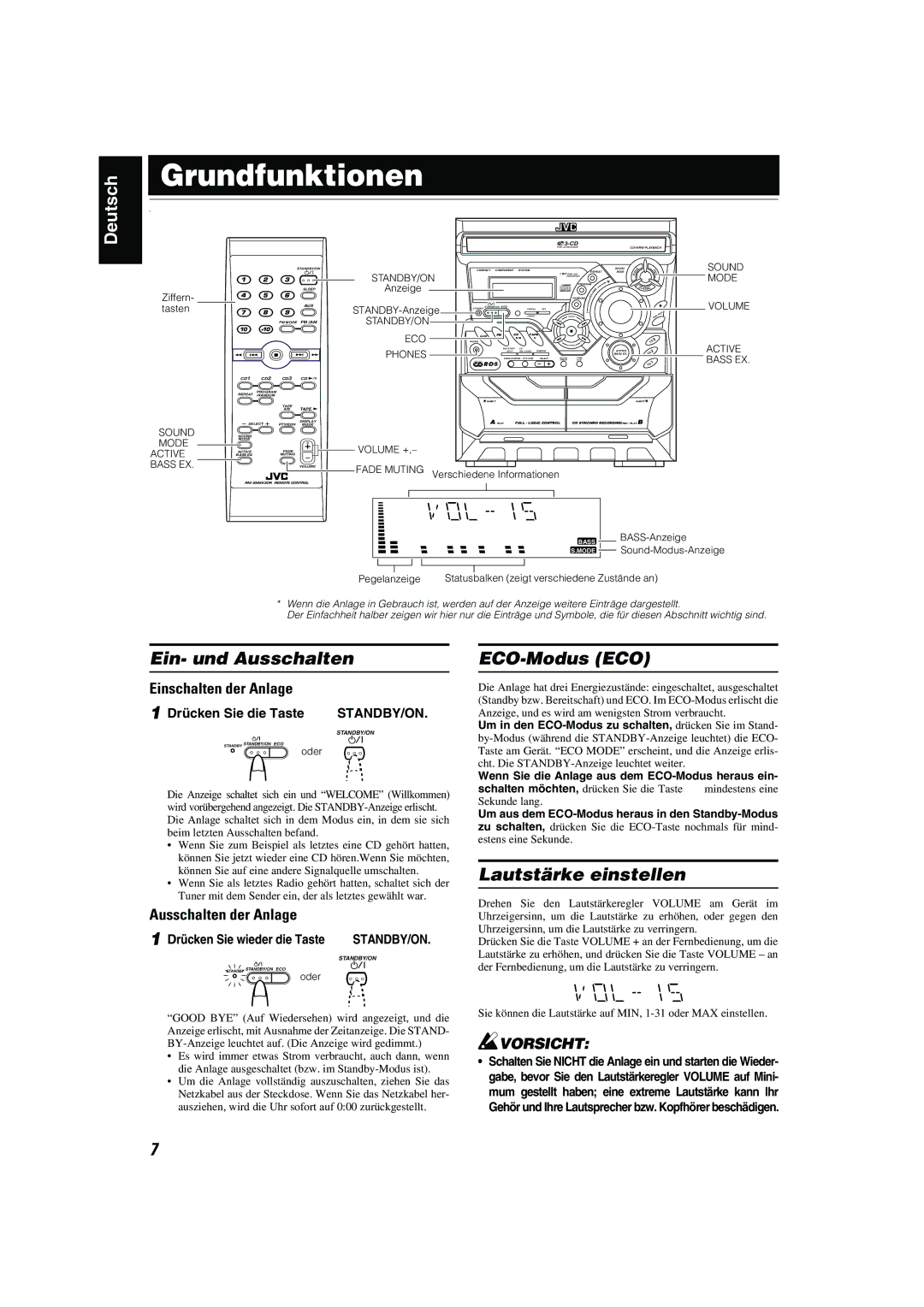 JVC CA-MXK10R manual Grundfunktionen, Ein- und Ausschalten, ECO-Modus ECO, Lautstärke einstellen 