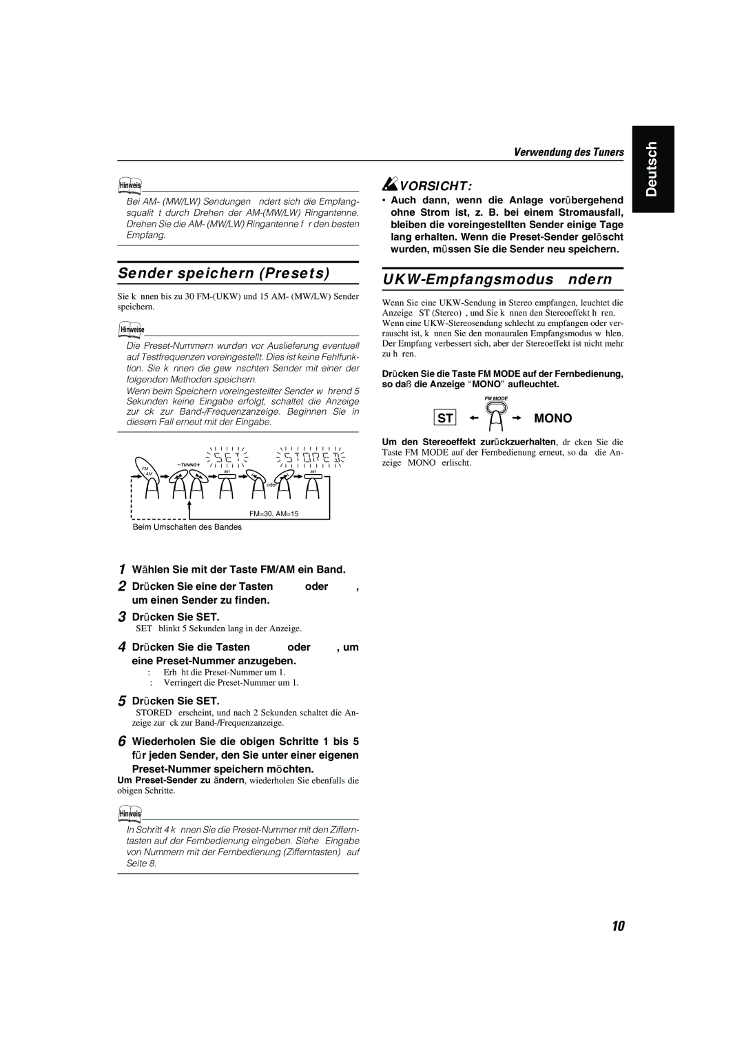 JVC CA-MXK10R manual Sender speichern Presets, UKW-Empfangsmodus ändern, Eingabe am Gerät 