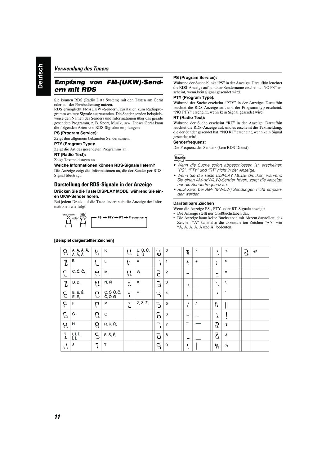 JVC CA-MXK10R manual Empfang von FM-UKW-Send- ern mit RDS, Darstellung der RDS-Signale in der Anzeige 