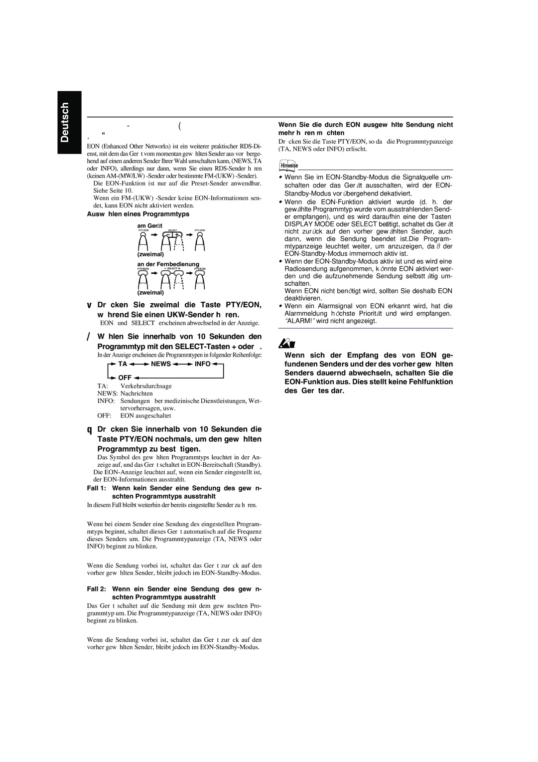 JVC CA-MXK10R manual Vorübergehendes Umschalten auf eine Sendung Ihrer Wahl, Auswählen eines Programmtyps, Off 