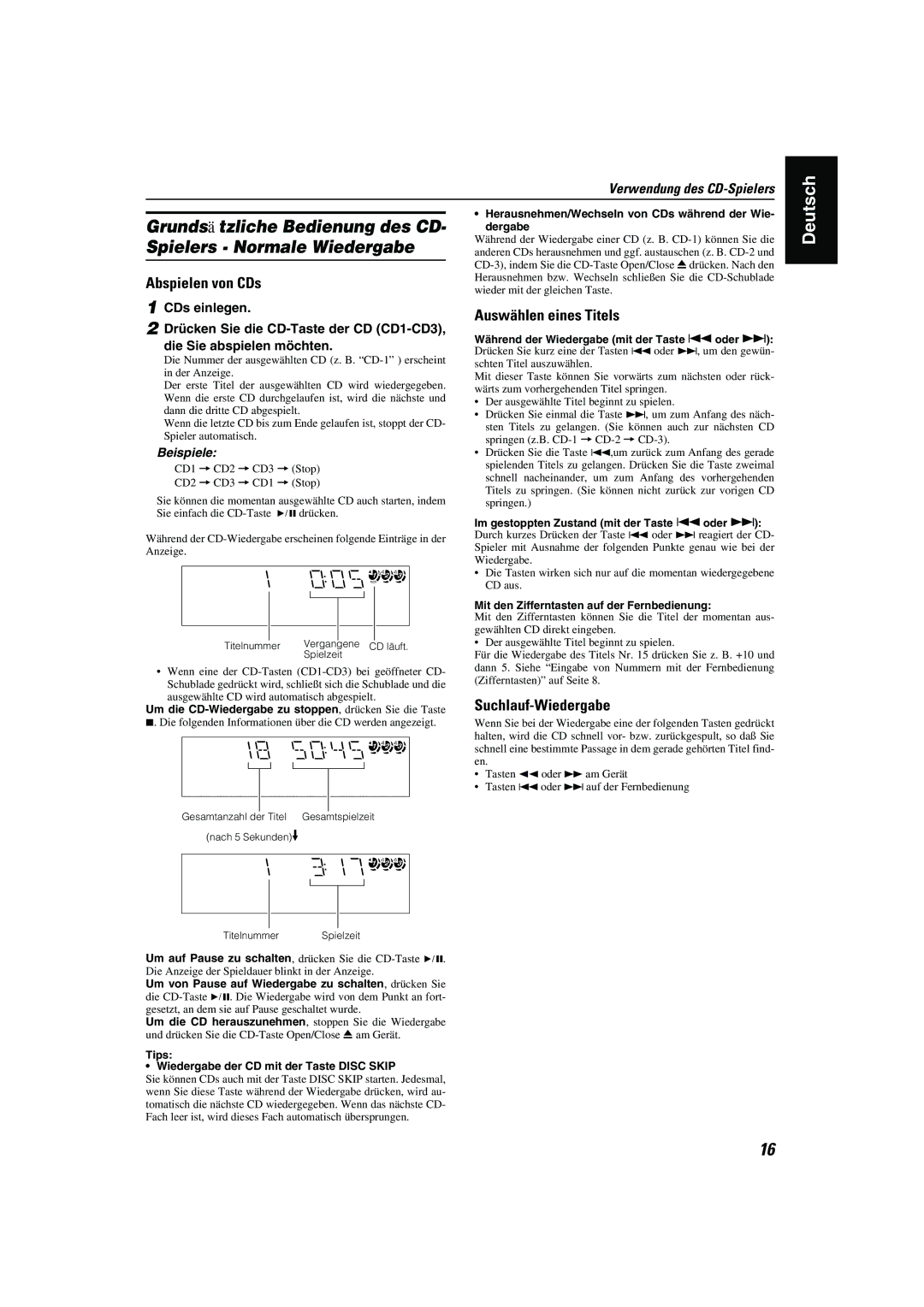 JVC CA-MXK10R manual Auswählen eines Titels, Suchlauf-Wiedergabe 