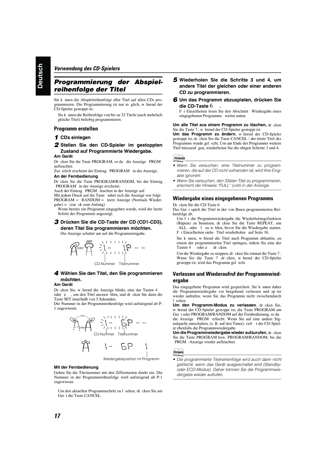 JVC CA-MXK10R manual Programmierung der Abspiel- reihenfolge der Titel, Wiedergabe eines eingegebenen Programms 