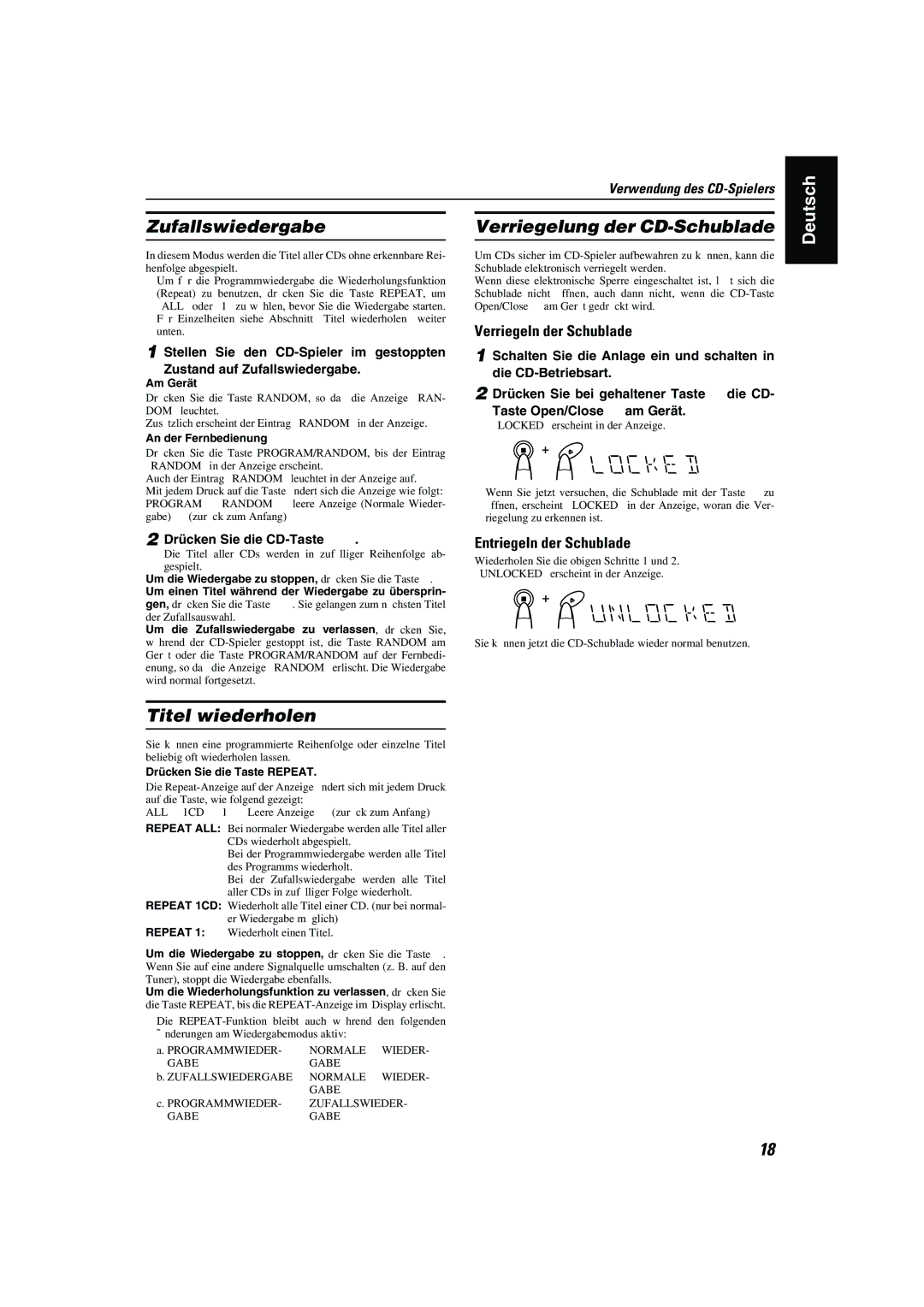 JVC CA-MXK10R manual Zufallswiedergabe, Verriegelung der CD-Schublade, Titel wiederholen, Verriegeln der Schublade 