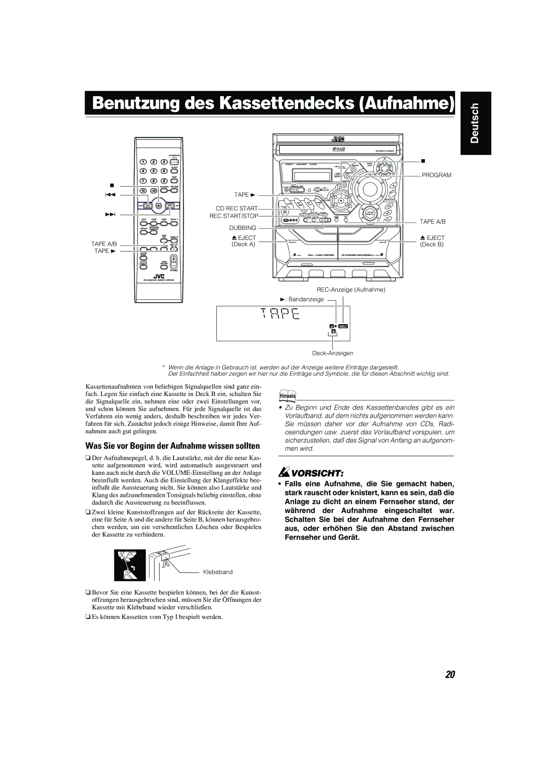 JVC CA-MXK10R manual Benutzung des Kassettendecks Aufnahme, ¢ REPEATCD1 POGRAM/RANDOMCD2CDTPEA/B3 Tapecd 