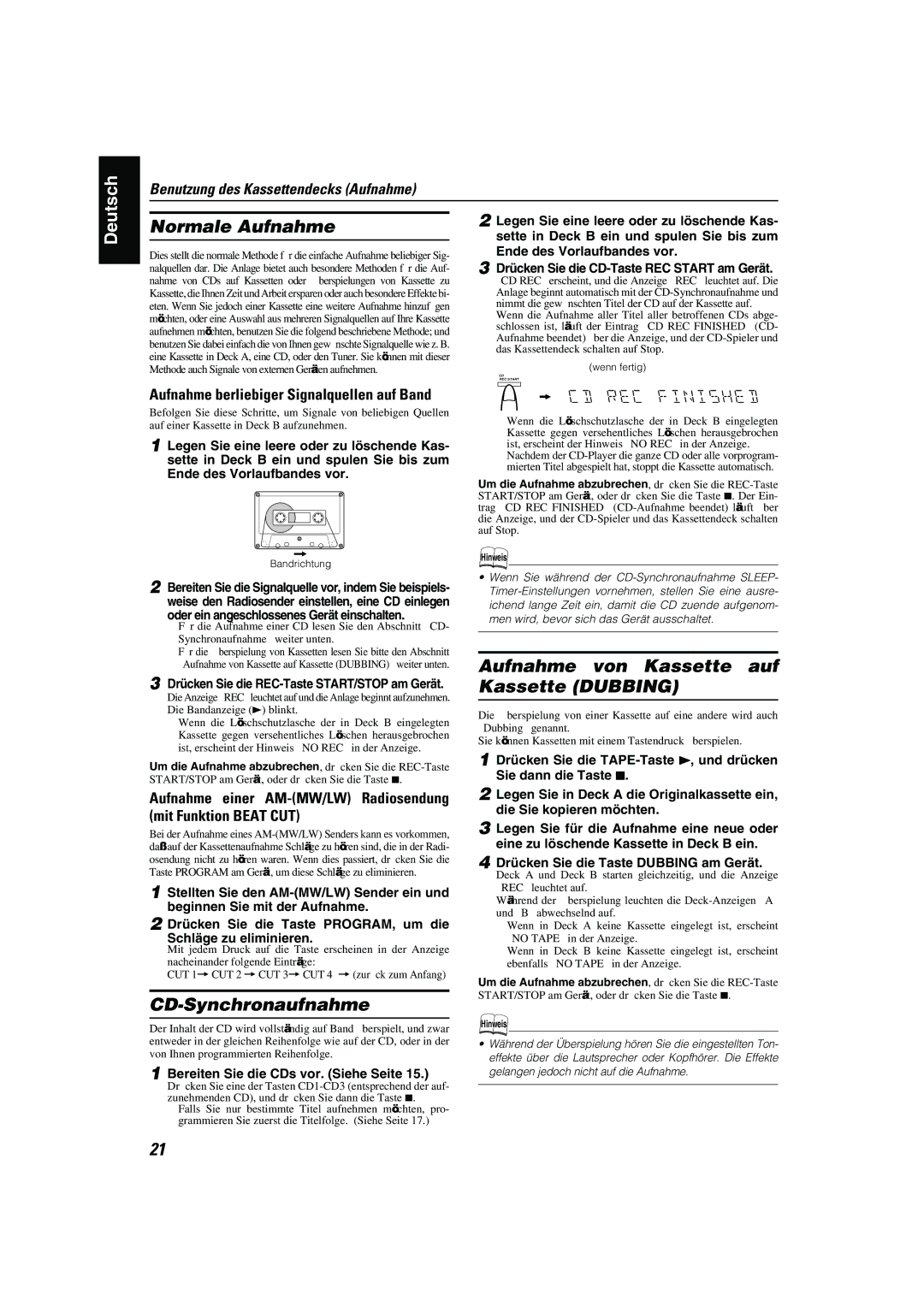 JVC CA-MXK10R manual Normale Aufnahme, CD-Synchronaufnahme, Aufnahme von Kassette auf Kassette Dubbing 