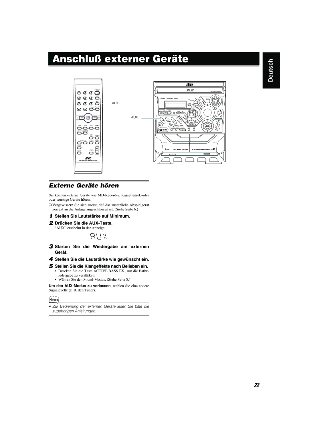 JVC CA-MXK10R manual Anschluß externer Geräte, Externe Geräte hören, Starten Sie die Wiedergabe am externen Gerät 