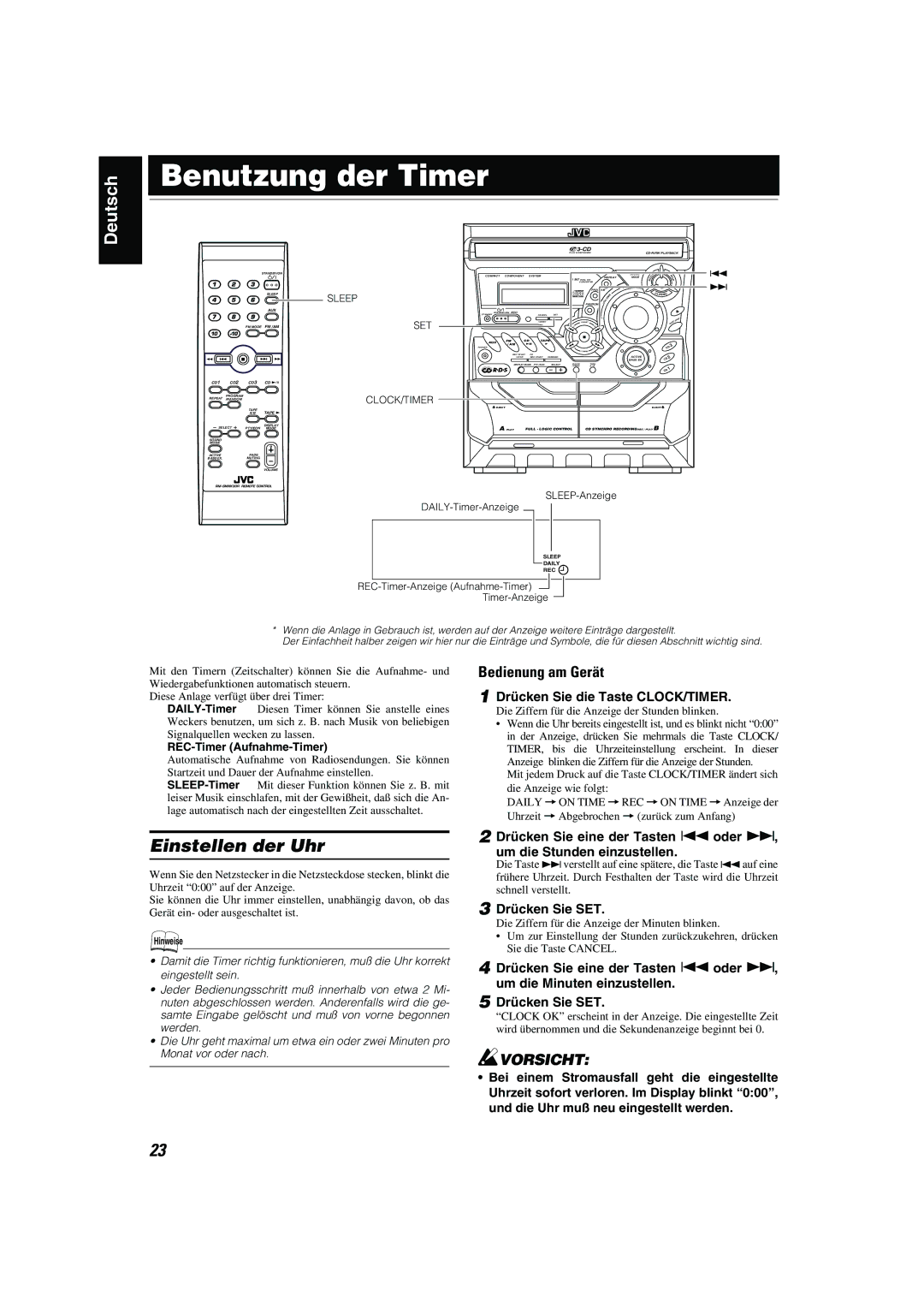 JVC CA-MXK10R manual Einstellen der Uhr, Drücken Sie eine der Tasten 4 oder ¢, Um die Minuten einzustellen 