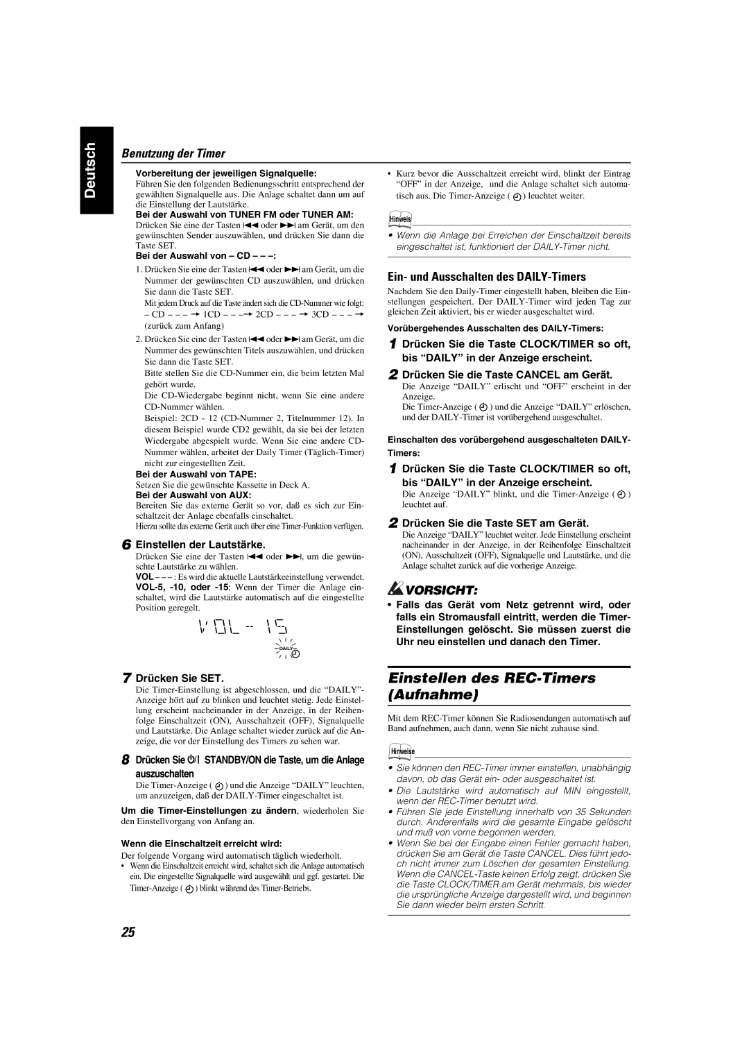 JVC CA-MXK10R manual Einstellen des REC-Timers Aufnahme, Ein- und Ausschalten des DAILY-Timers, Einstellen der Lautstärke 