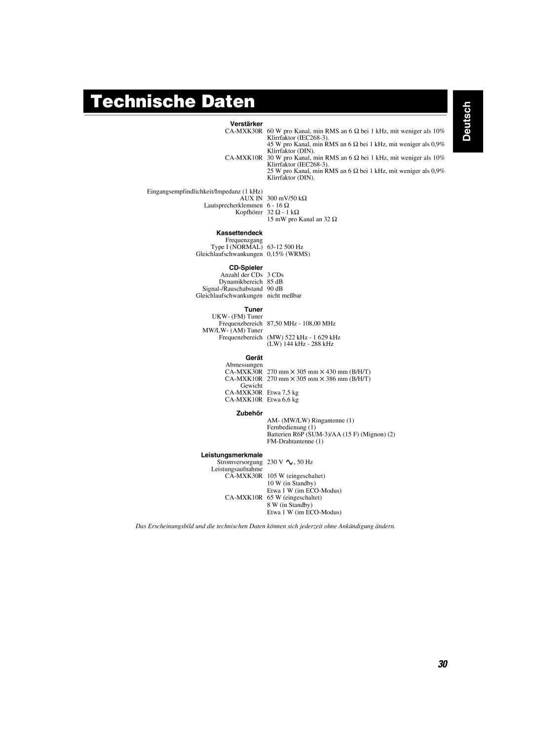 JVC CA-MXK10R manual Technische Daten 