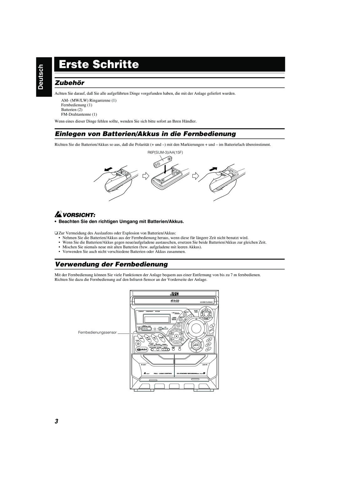 JVC CA-MXK10R Erste Schritte, Zubehör, Einlegen von Batterien/Akkus in die Fernbedienung, Verwendung der Fernbedienung 