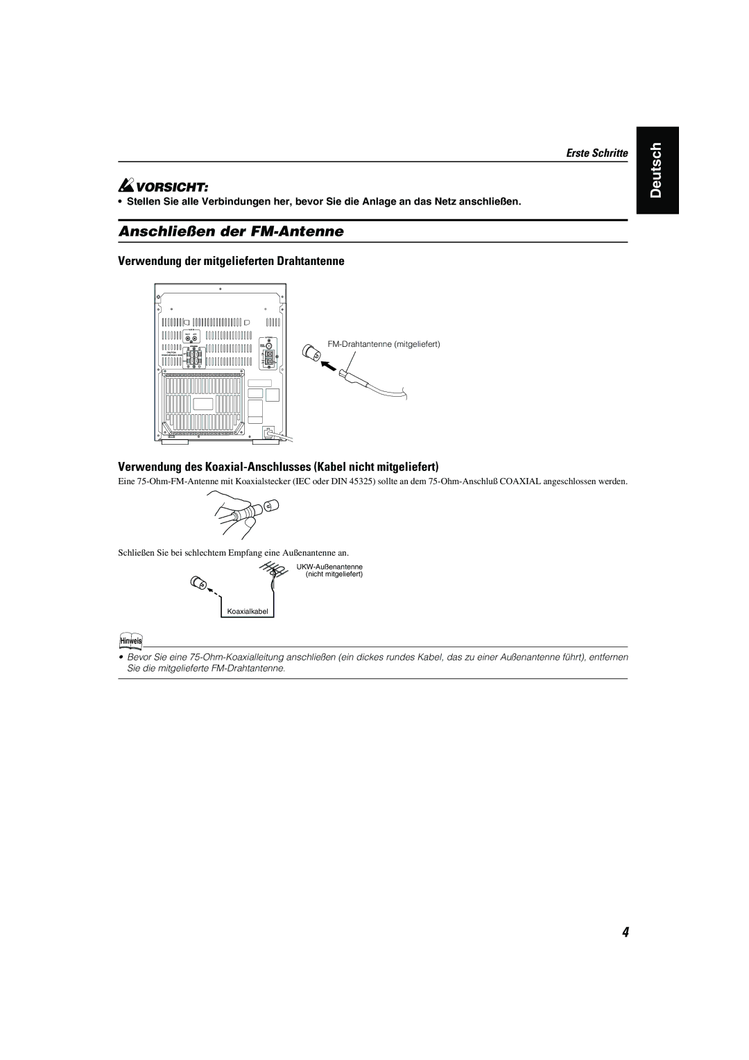 JVC CA-MXK10R manual Anschließen der FM-Antenne, Verwendung der mitgelieferten Drahtantenne 