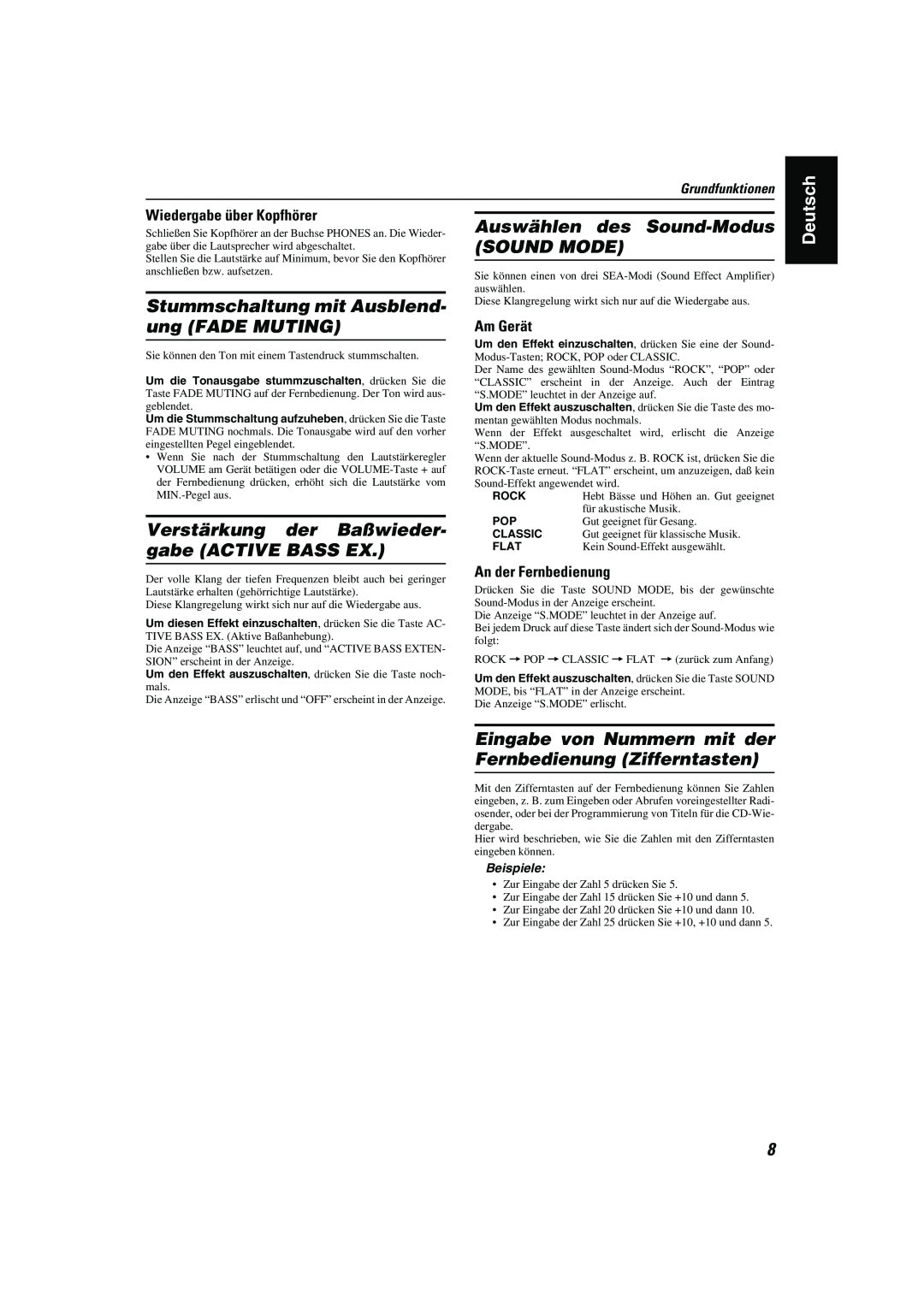 JVC CA-MXK10R manual Stummschaltung mit Ausblend- ung FADE MUTING, Verstärkung der Baßwieder- gabe ACTIVE BASS EX, Deutsch 
