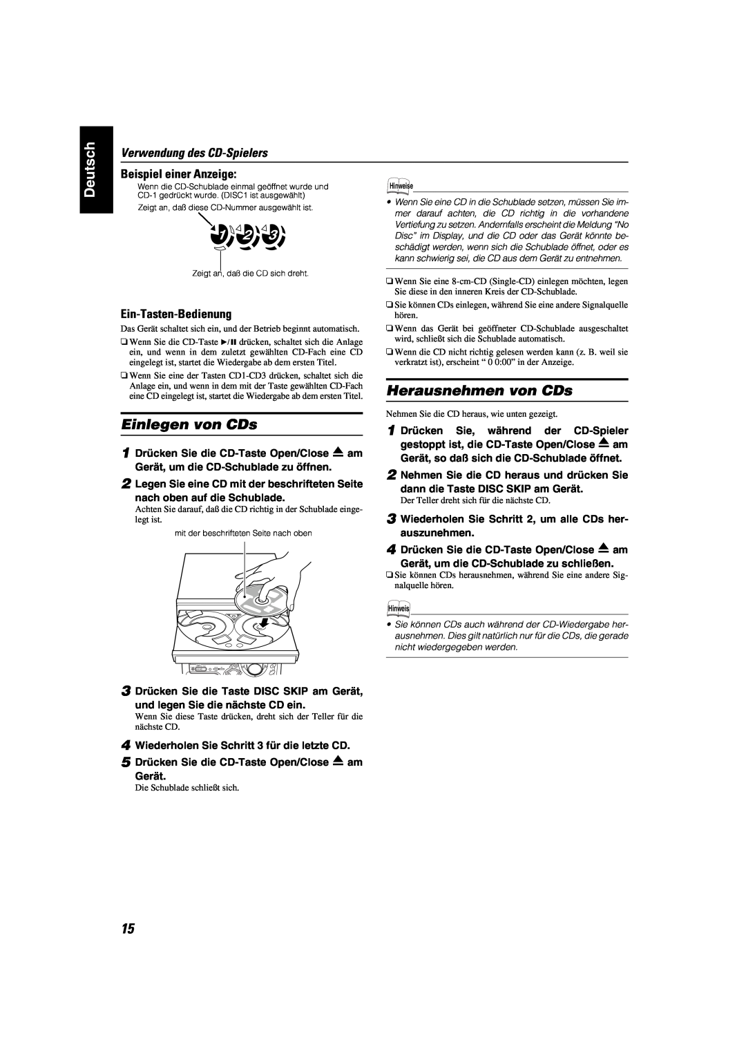 JVC CA-MXK10R manual Einlegen von CDs, Herausnehmen von CDs, Verwendung des CD-Spielers, Beispiel einer Anzeige 