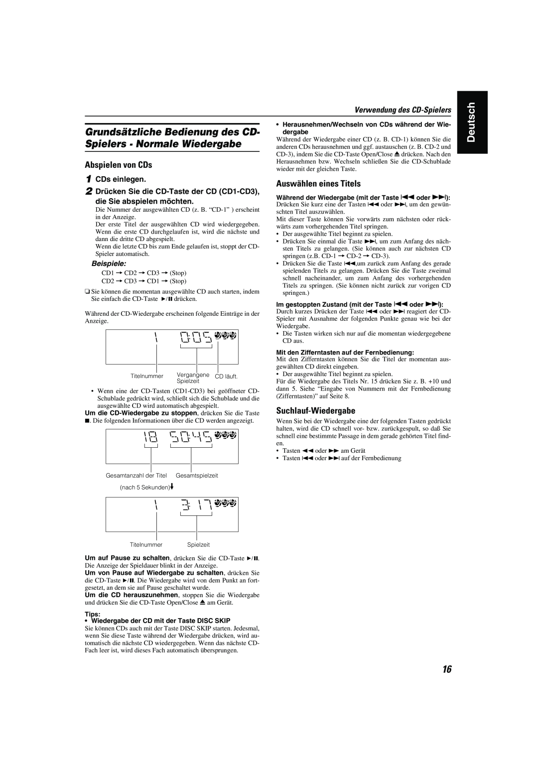 JVC CA-MXK10R manual Auswählen eines Titels, Suchlauf-Wiedergabe, Verwendung des CD-Spielers, Beispiele, Deutsch 