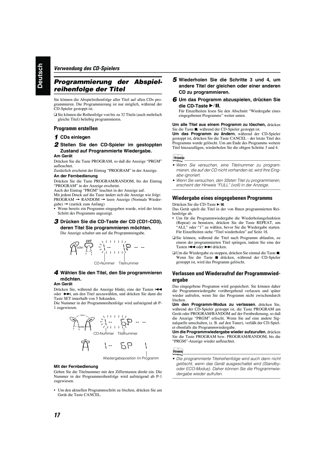 JVC CA-MXK10R manual Programmierung der Abspiel- reihenfolge der Titel, Wiedergabe eines eingegebenen Programms, Deutsch 