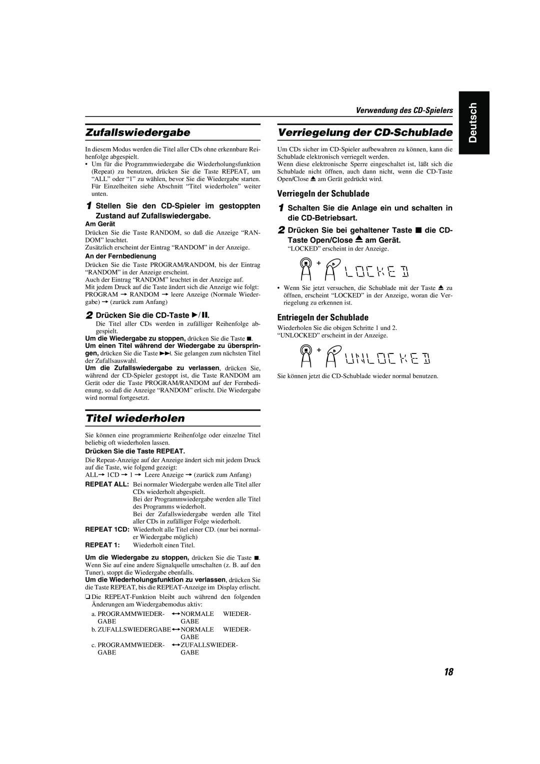JVC CA-MXK10R manual Zufallswiedergabe, Verriegelung der CD-Schublade, Titel wiederholen, Verriegeln der Schublade, Deutsch 