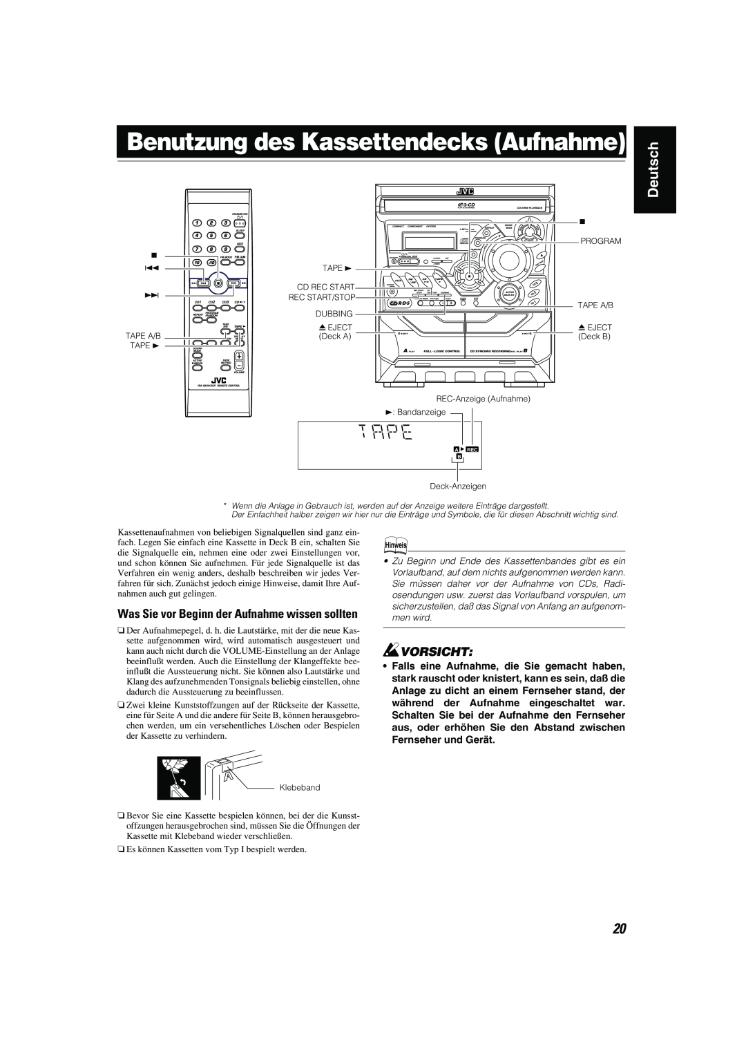 JVC CA-MXK10R manual Benutzung des Kassettendecks Aufnahme, ¢REPEATCD1POGRAM/RANDOMCD2CDTPEA/B3TAPECD, Skip, Disc, Deutsch 