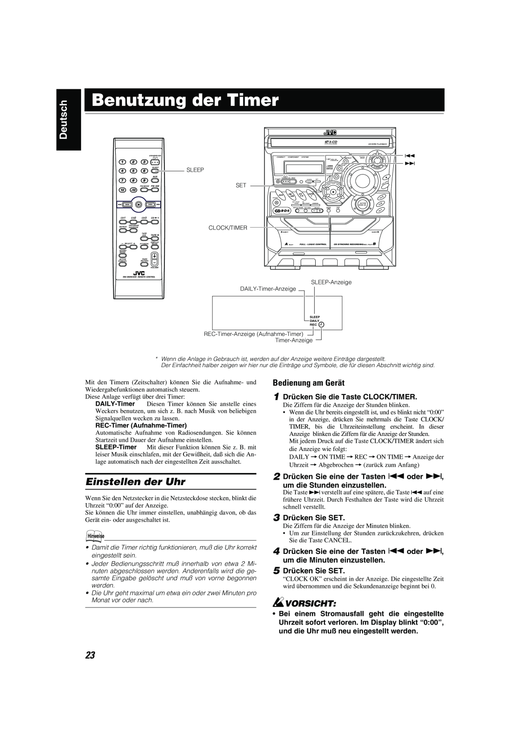 JVC CA-MXK10R manual Einstellen der Uhr, Benutzung der Timer, Deutsch 