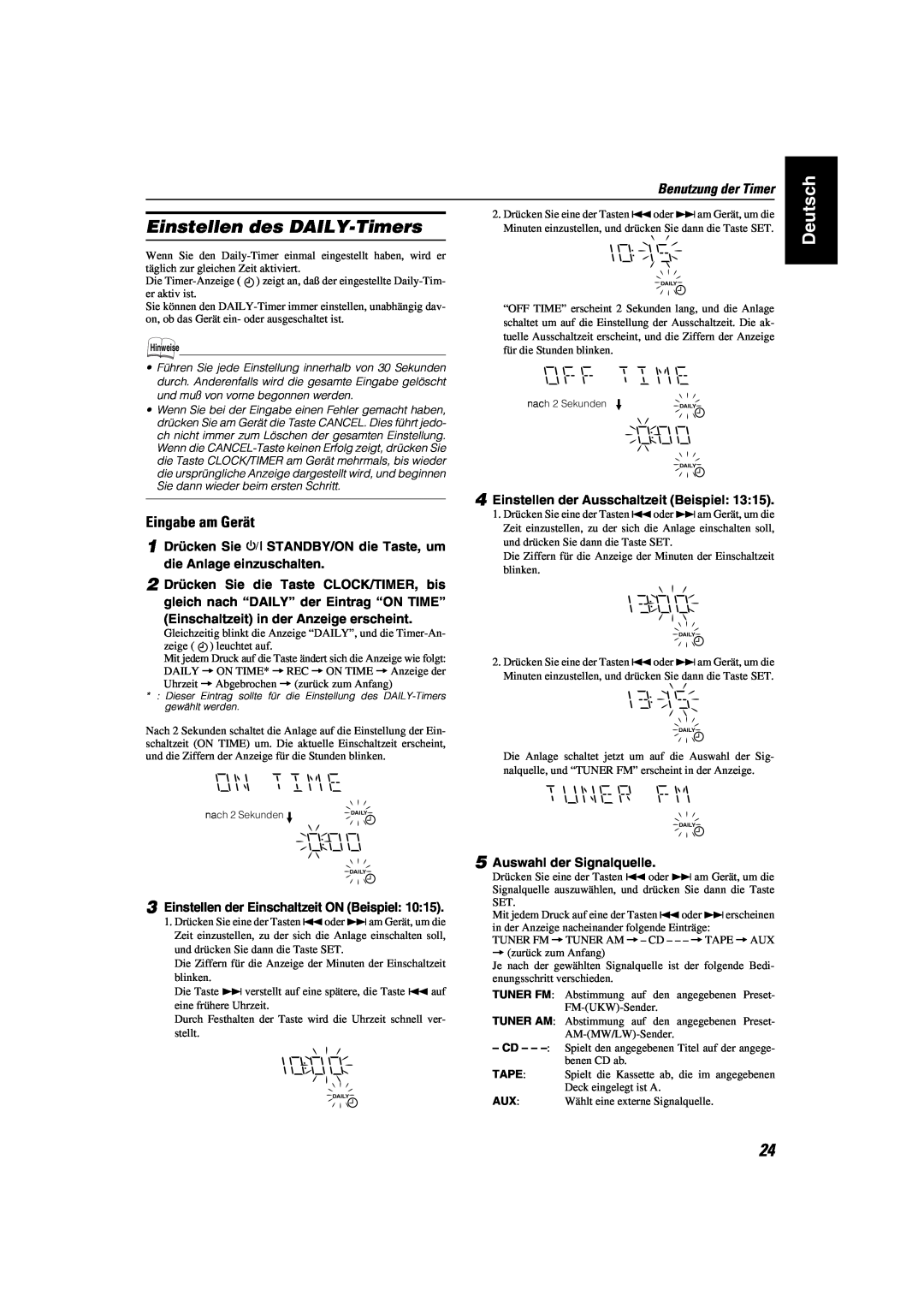 JVC CA-MXK10R manual Einstellen des DAILY-Timers, Deutsch, Eingabe am Gerät, Benutzung der Timer 