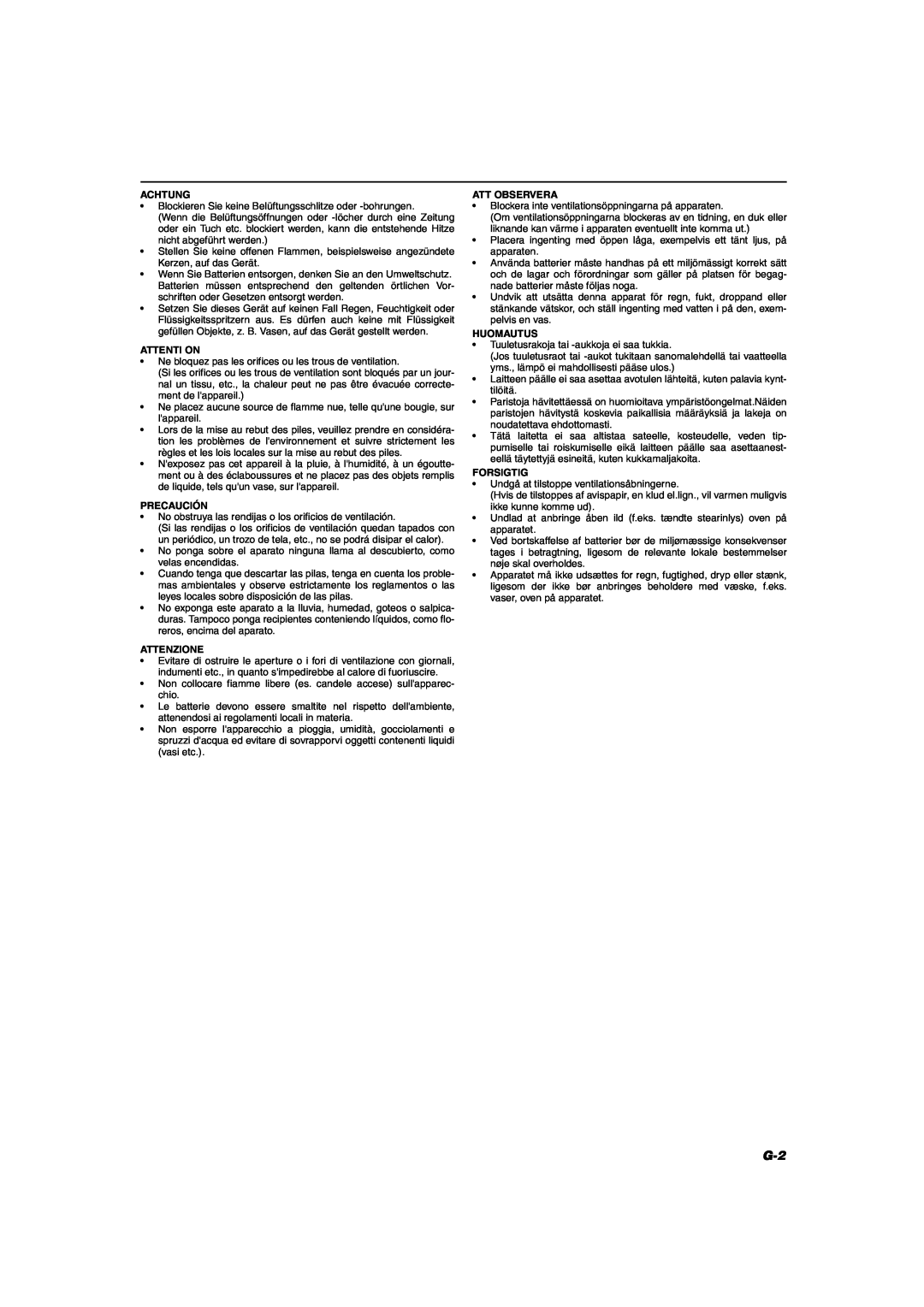 JVC CA-MXK10R manual Achtung, Attenti On, Precaución, Attenzione, Att Observera, Huomautus, Forsigtig 