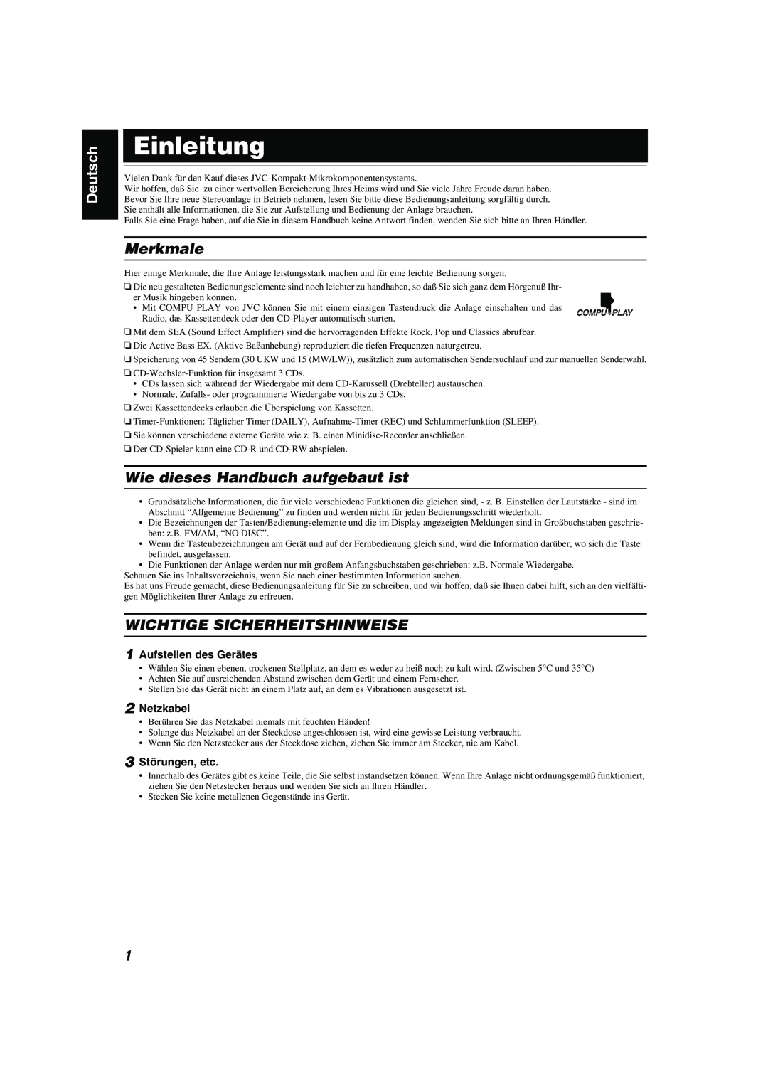 JVC CA-MXK10R manual Einleitung, Deutsch, Merkmale, Wie dieses Handbuch aufgebaut ist, Wichtige Sicherheitshinweise 