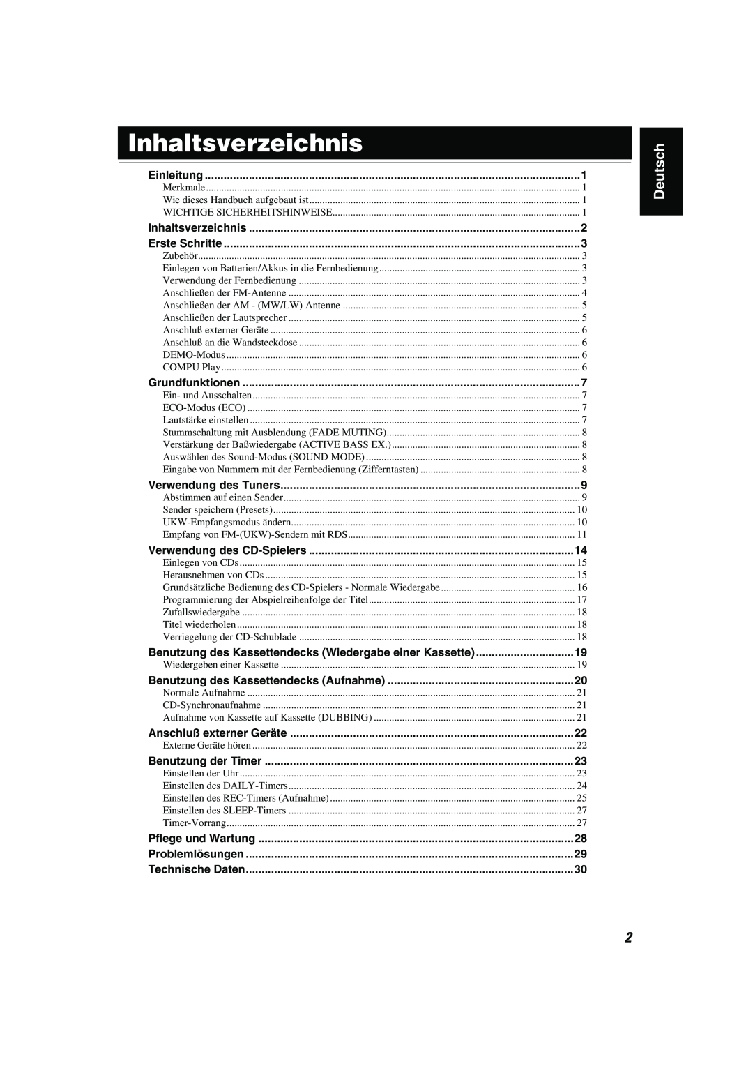 JVC CA-MXK10R manual Inhaltsverzeichnis, Deutsch 