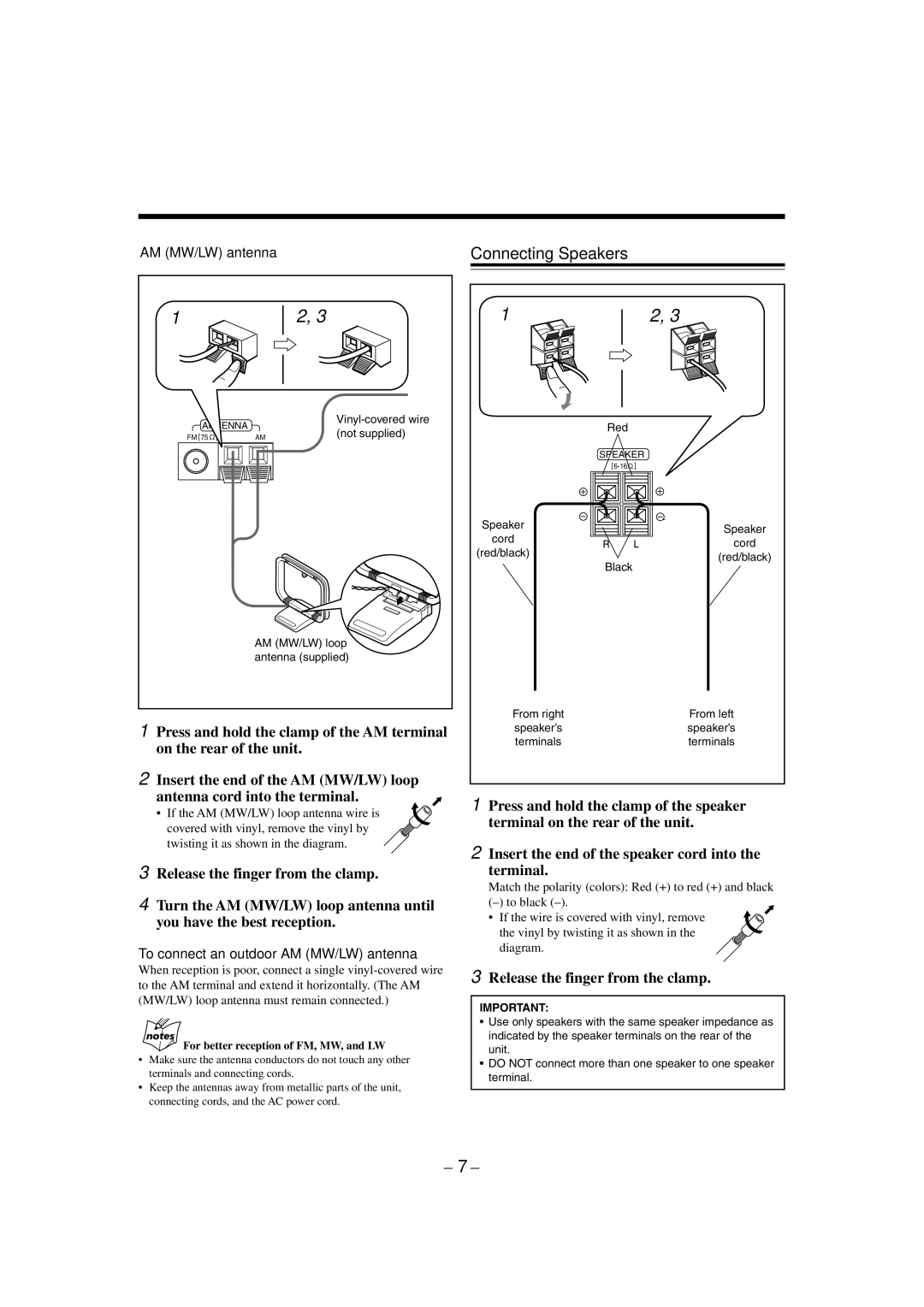 JVC CA-MXK50R manual Connecting Speakers, Release the finger from the clamp, AM MW/LW antenna 