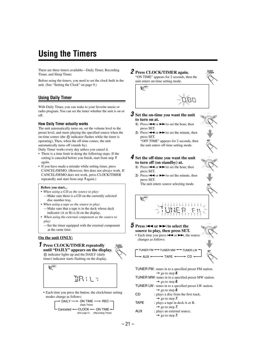 JVC CA-MXK50R manual Using the Timers, Using Daily Timer 