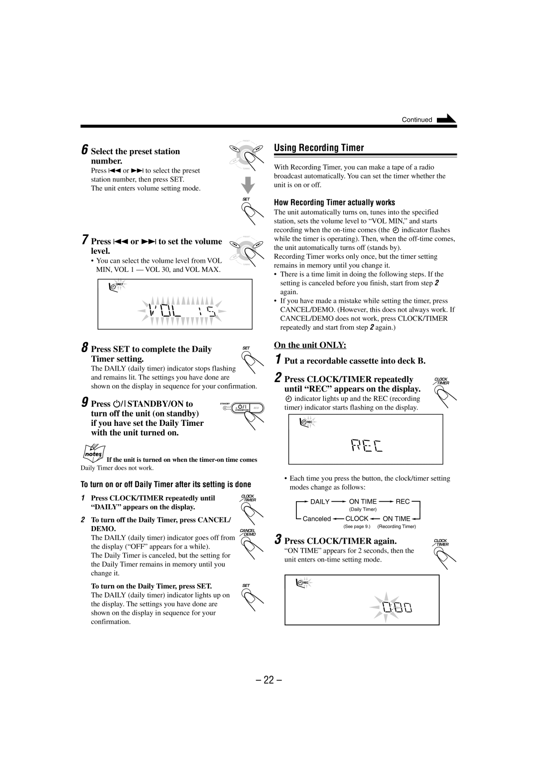 JVC CA-MXK50R manual Using Recording Timer, Press CLOCK/TIMER again 