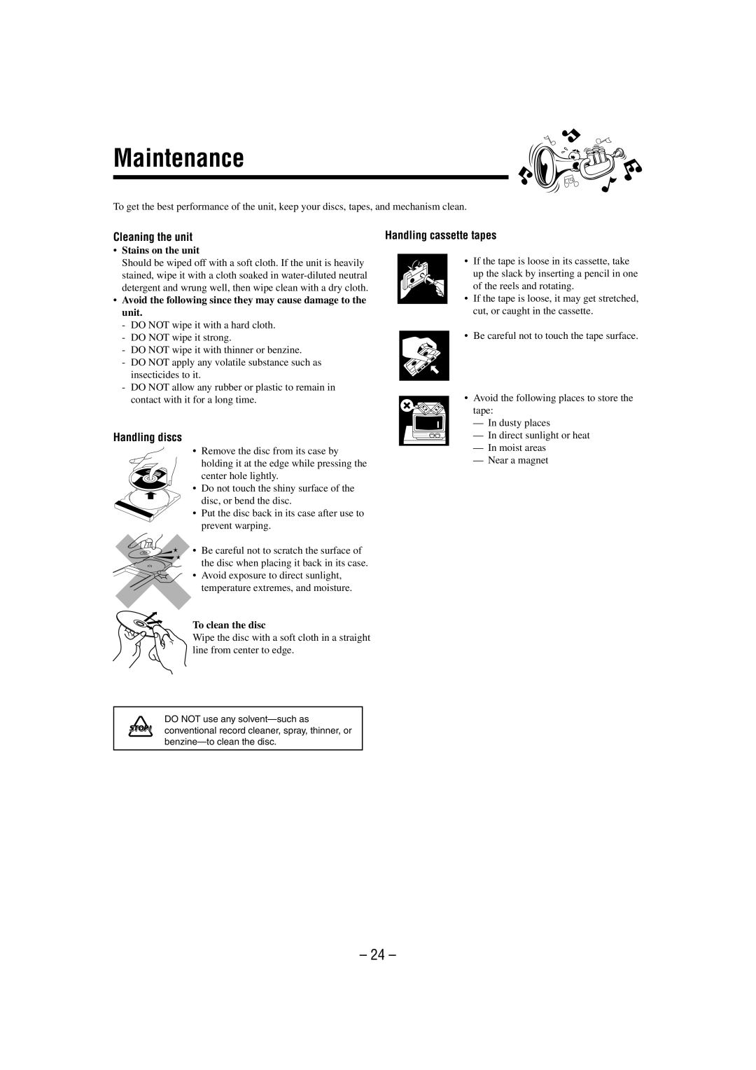 JVC CA-MXK50R manual Maintenance, Cleaning the unit, Handling discs, Handling cassette tapes 