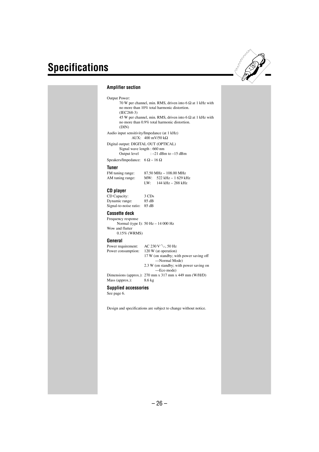 JVC CA-MXK50R manual Specifications 