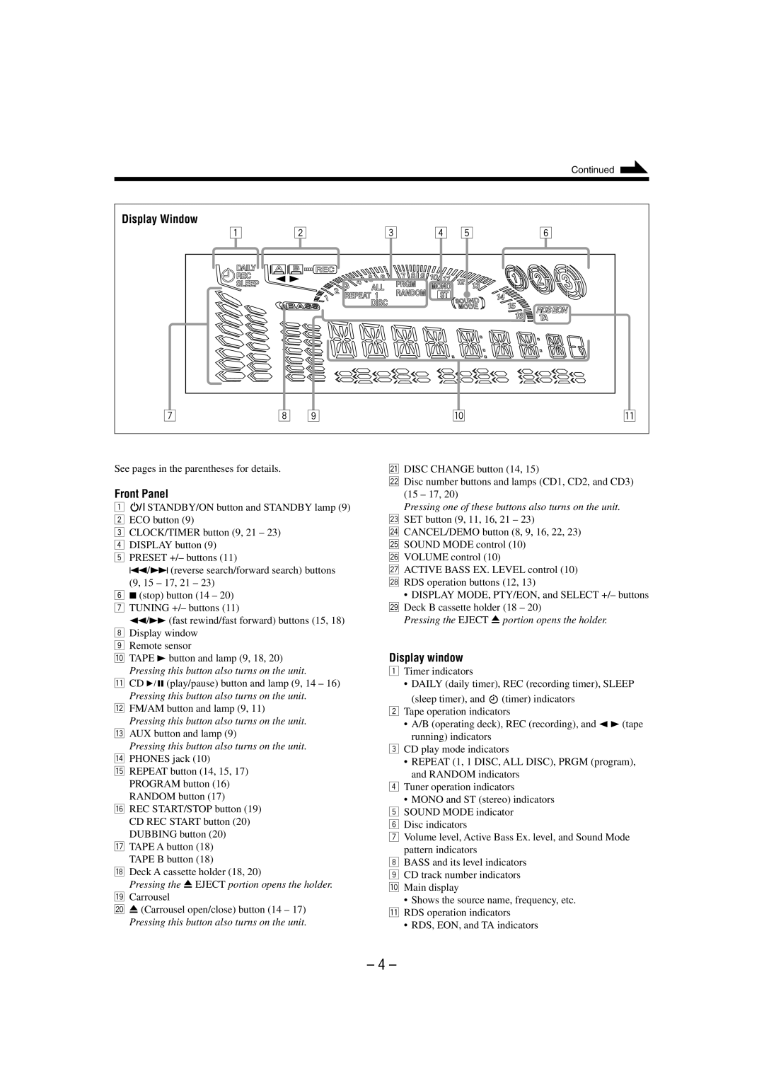 JVC CA-MXK50R manual Front Panel, Display window, See pages in the parentheses for details 