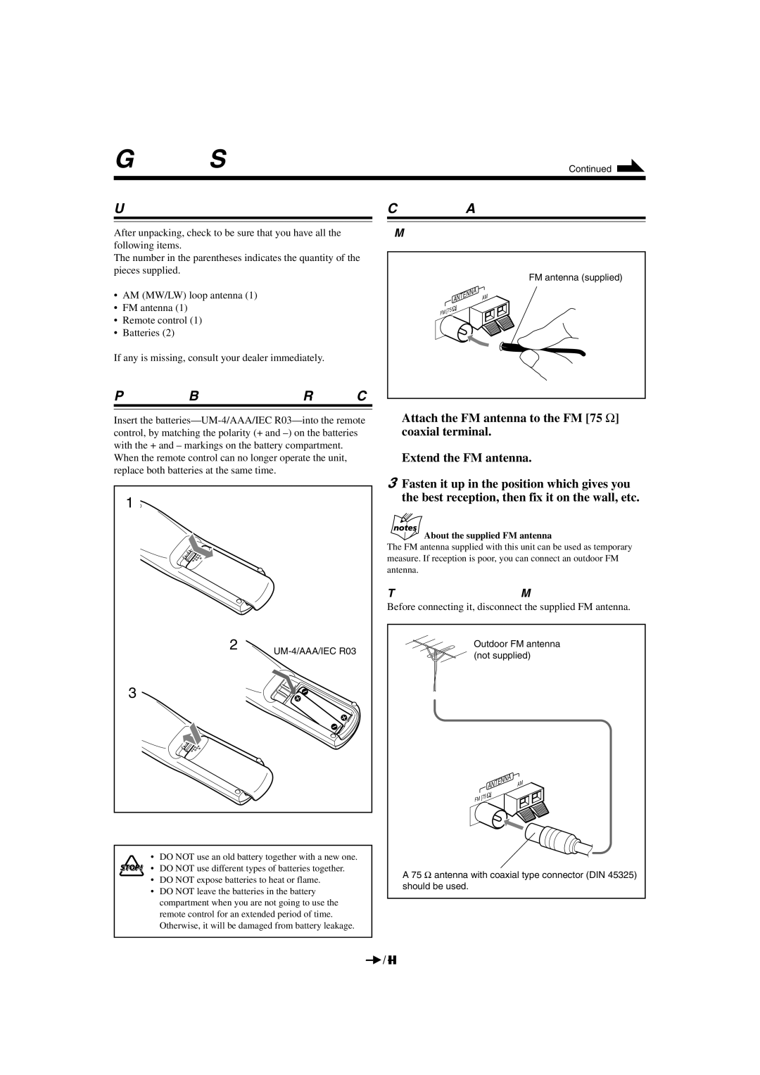 JVC CA-MXK50R manual Getting Started, Unpacking, Connecting Antennas, To connect an outdoor FM antenna 