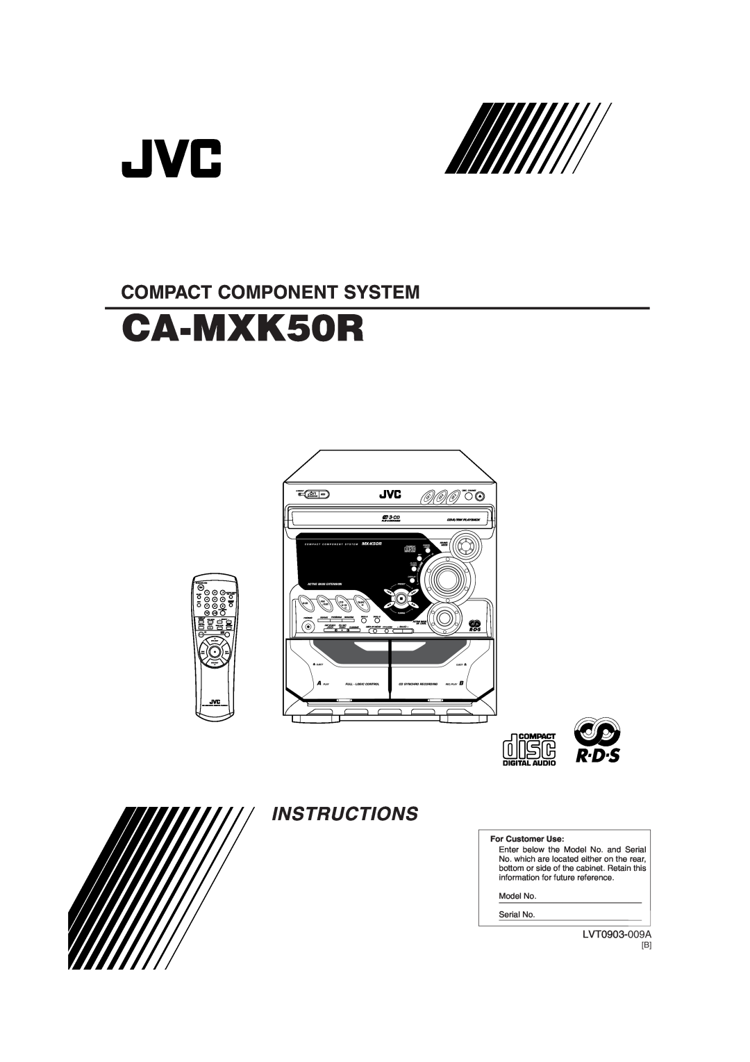 JVC CA-MXK50R manual LVT0903-009A, Compact Component System, Instructions, For Customer Use, 3 CD, MX-K50R, Disc Change 