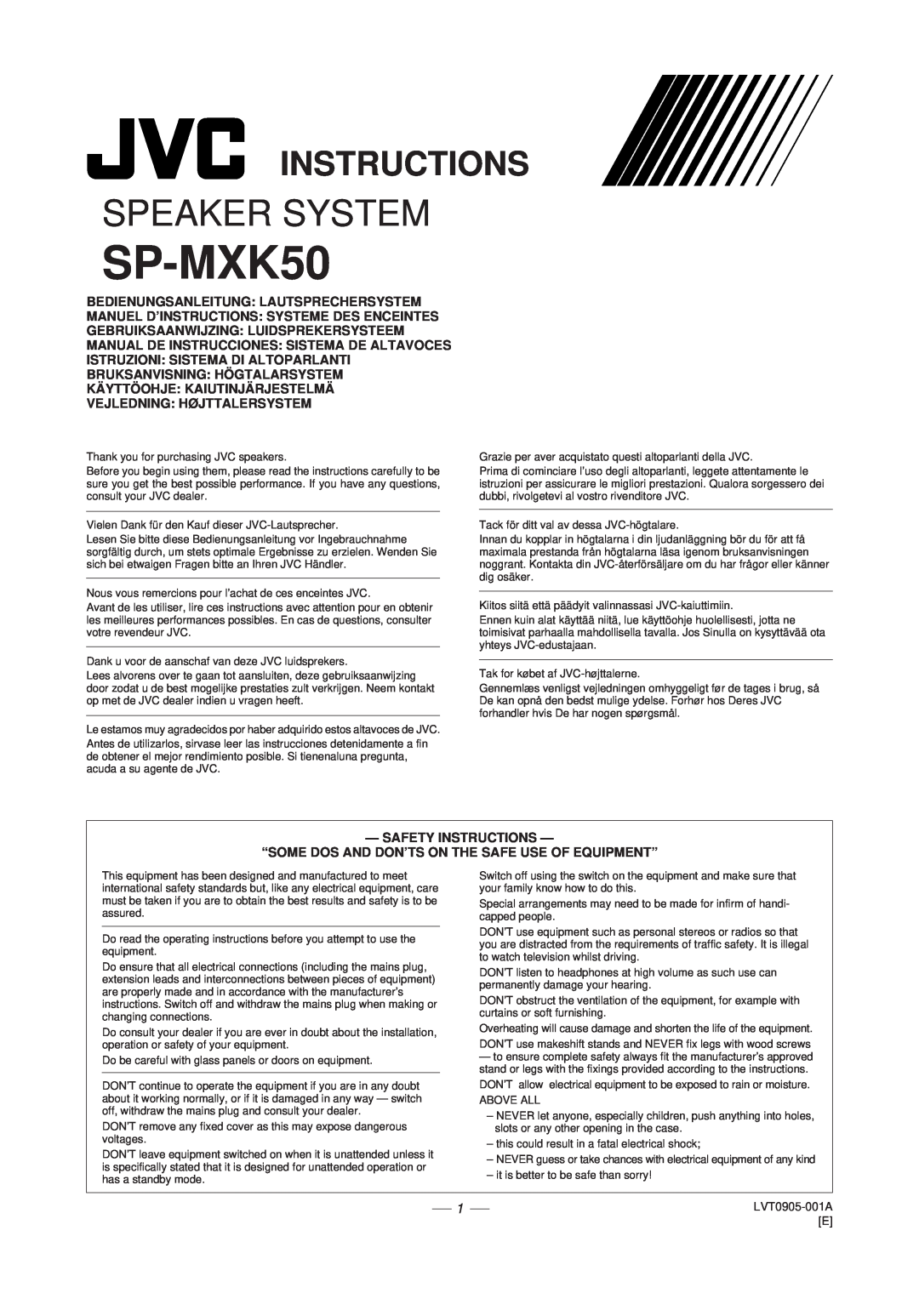 JVC CA-MXK50R manual Instructions, SP-MXK50, Speaker System 