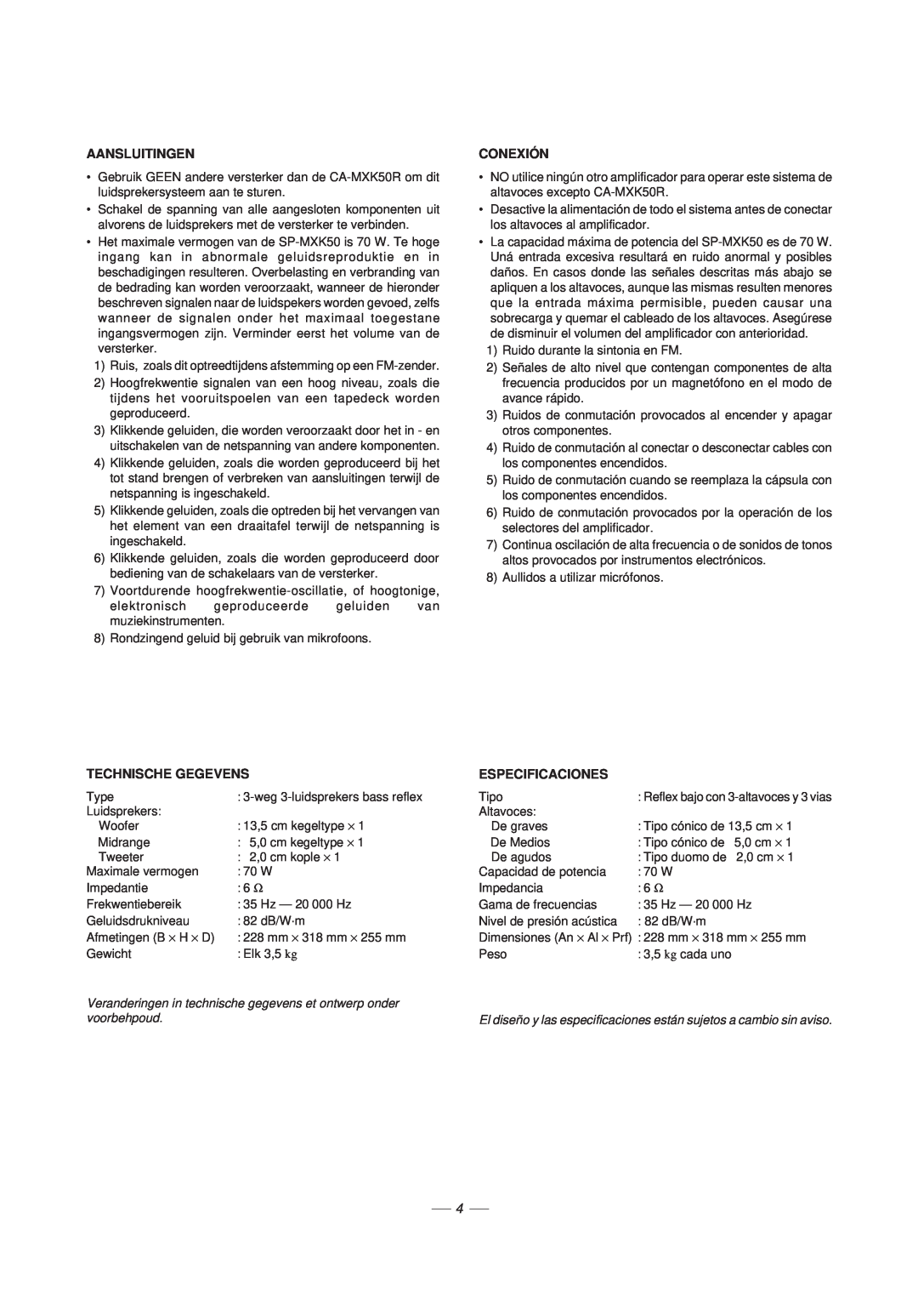 JVC CA-MXK50R manual Aansluitingen, Technische Gegevens, Conexión, Especificaciones 