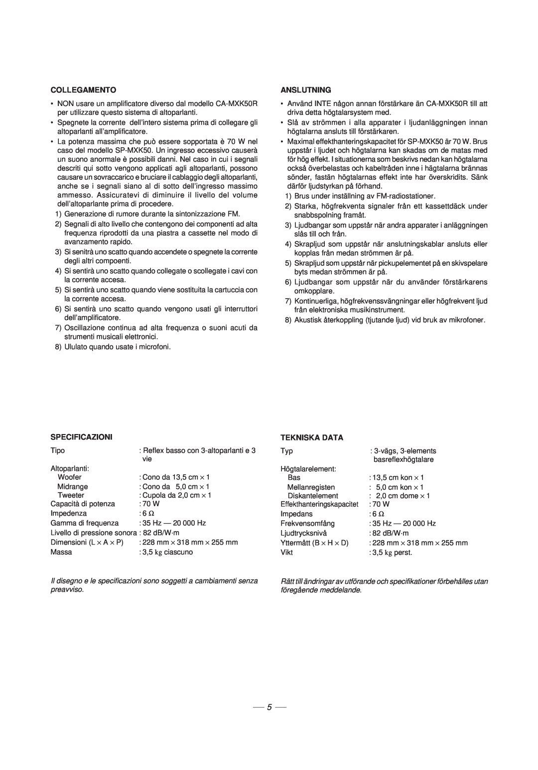 JVC CA-MXK50R manual Collegamento, Anslutning, Specificazioni, Tekniska Data 