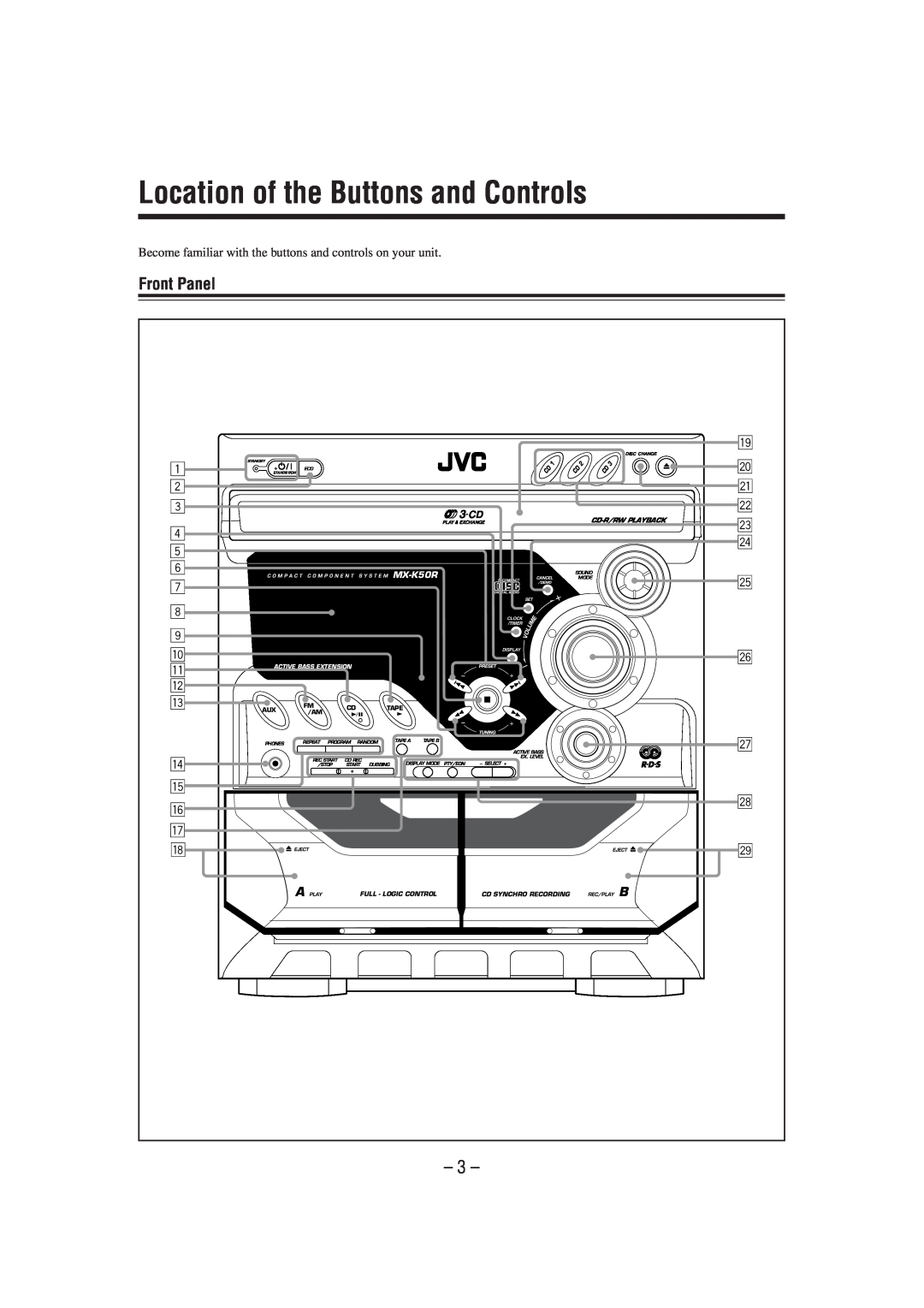 JVC CA-MXK50R manual Location of the Buttons and Controls, Front Panel 