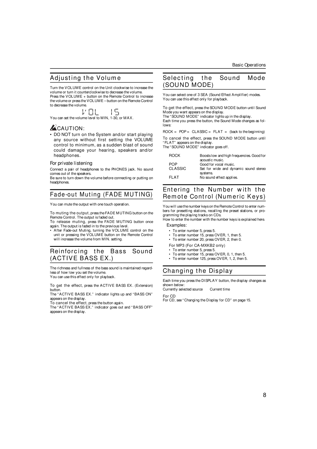 JVC CA-MXKB1, CA-MXKB2 manual Adjusting the Volume, Fade-out Muting Fade Muting, Reinforcing the Bass Sound Active Bass EX 
