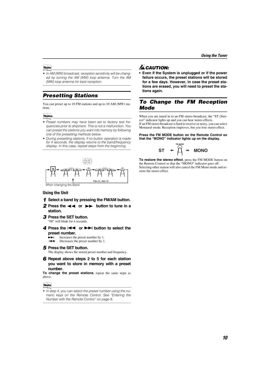 JVC CA-MXKB1, CA-MXKB2 manual Presetting Stations, To Change the FM Reception Mode, Using the Unit 