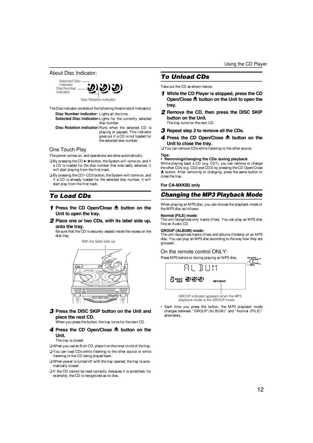 JVC CA-MXKB1, CA-MXKB2 manual To Load CDs, To Unload CDs, Changing the MP3 Playback Mode 