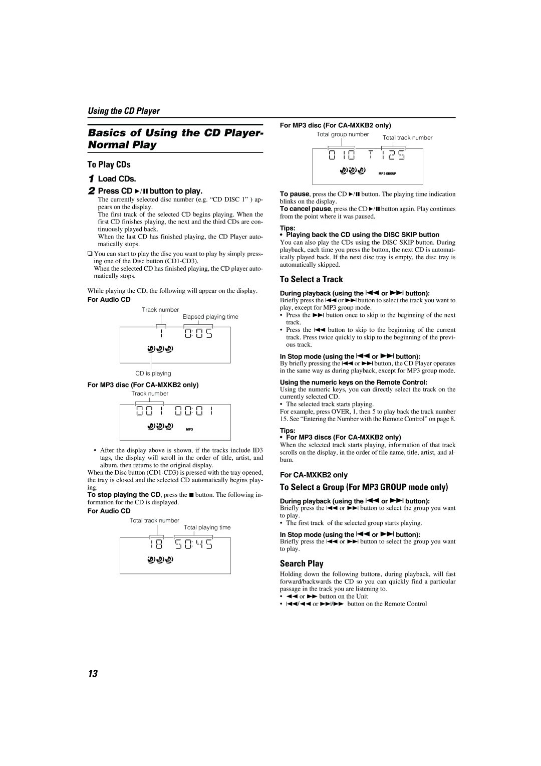 JVC CA-MXKB2, CA-MXKB1 manual Basics of Using the CD Player- Normal Play, To Play CDs, To Select a Track, Search Play 