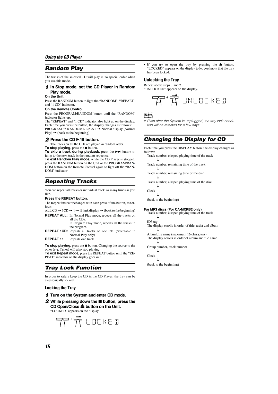 JVC CA-MXKB2, CA-MXKB1 Random Play, Repeating Tracks, Tray Lock Function Changing the Display for CD, Unlocking the Tray 