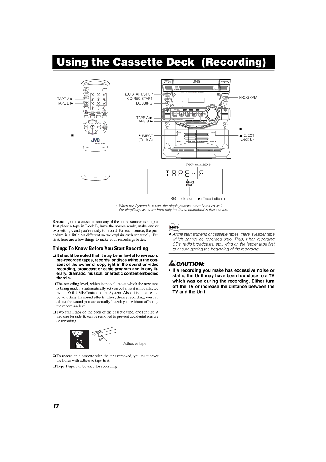 JVC CA-MXKB2, CA-MXKB1 manual Using the Cassette Deck Recording, Things To Know Before You Start Recording, Rec Start/Stop 