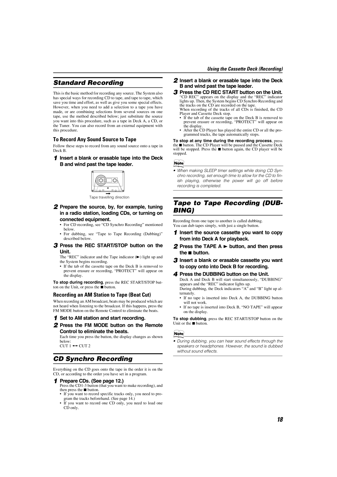 JVC CA-MXKB1, CA-MXKB2 manual Standard Recording, CD Synchro Recording, Tape to Tape Recording DUB- Bing 