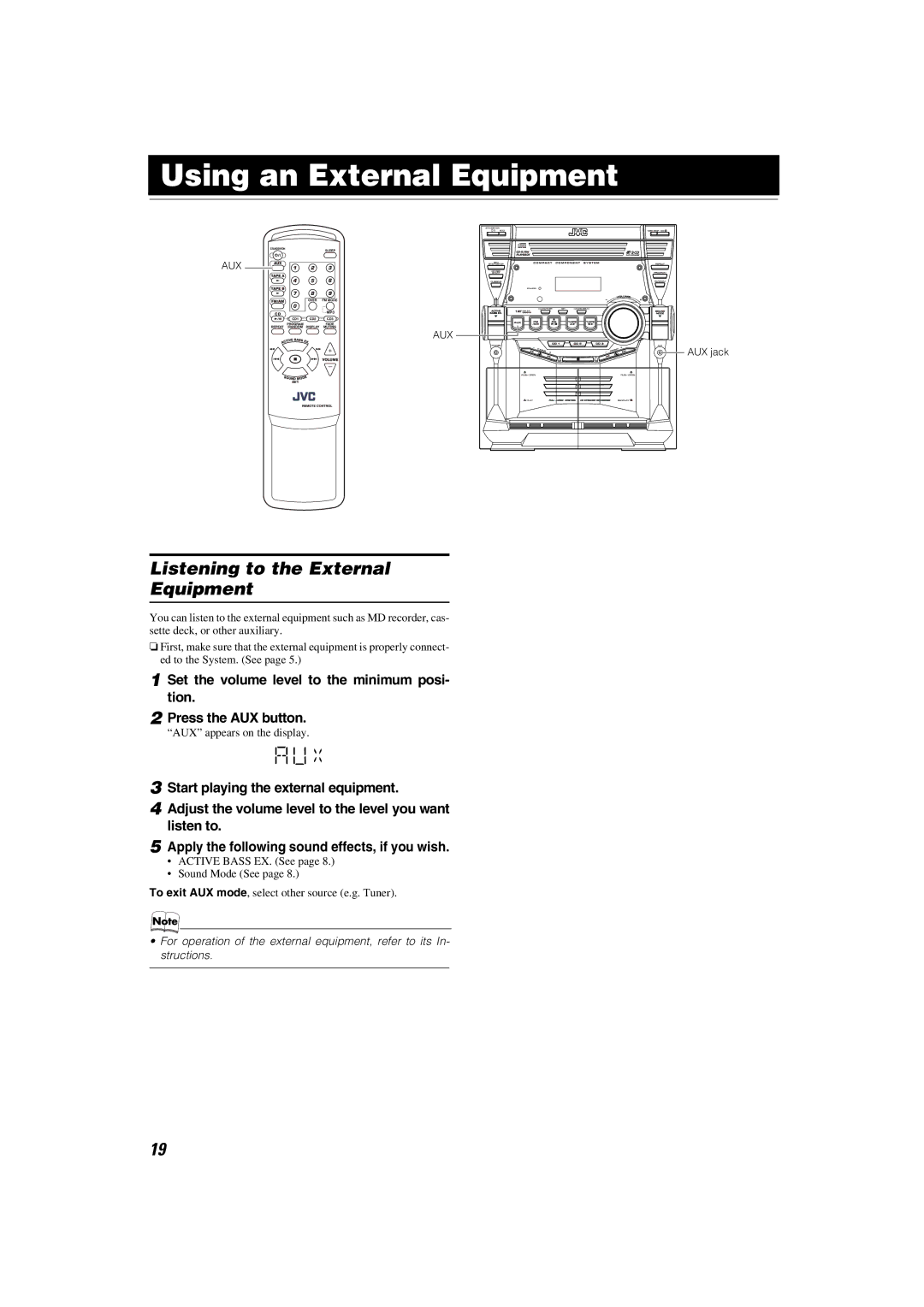 JVC CA-MXKB2, CA-MXKB1 manual Using an External Equipment, Listening to the External Equipment, Aux 