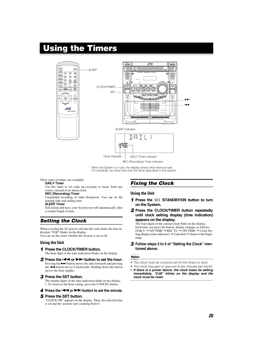 JVC CA-MXKB1, CA-MXKB2 manual Using the Timers, Setting the Clock, Fixing the Clock 