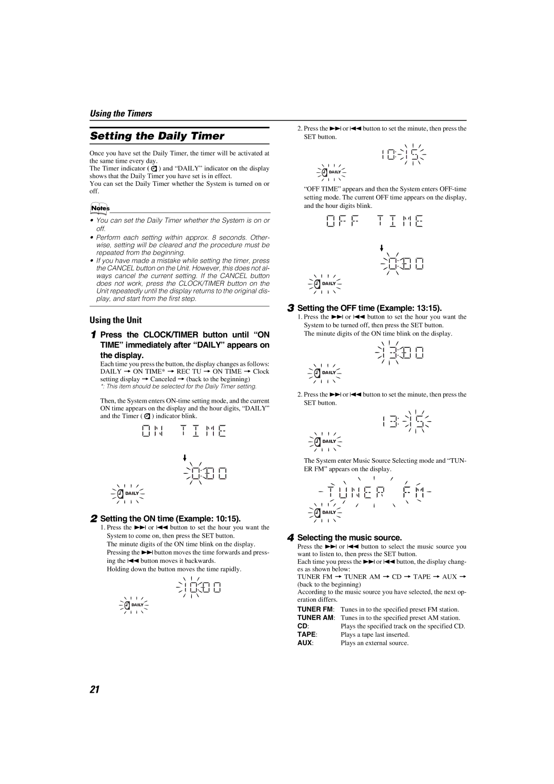 JVC CA-MXKB2, CA-MXKB1 manual Setting the Daily Timer, Setting the OFF time Example, Setting the on time Example 